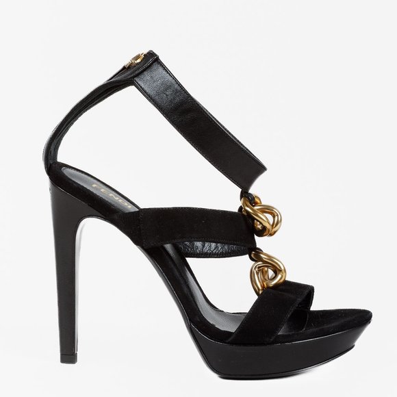 Fendi Black Suede Chain T-Strap Sandals